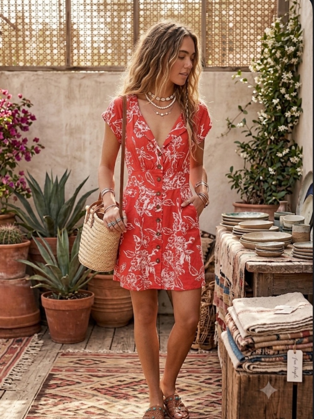 Free People Red White Floral Button Down Tie-Back Mini Dress Size 2
